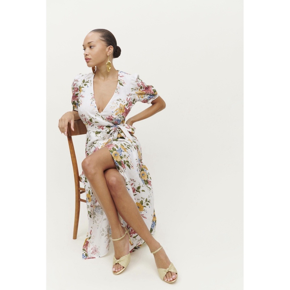 Reformation Weiss Linen Floral Wrap Dress in Chantilly Sz L NWOT - Picture 4 of 8